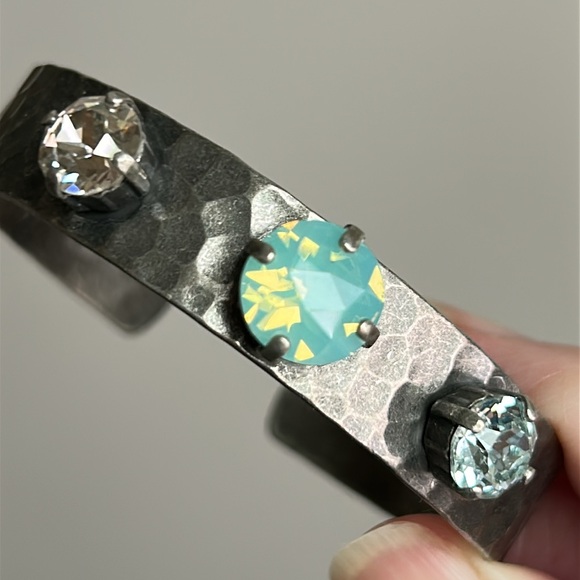 Sabika Hammered Silvertone Cuff w Pacific Fire Opal & Clear Swarovski Crystals - Picture 1 of 13